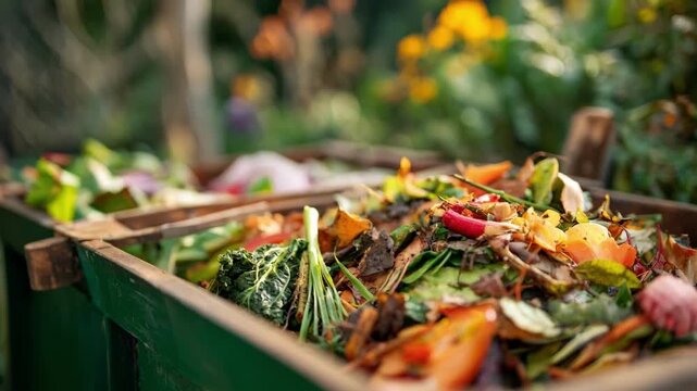 Medium shot of hands layering kitchen scraps and leaves in a backyard compost bin demonstrating safe organic waste composting techniques in a garden setting.