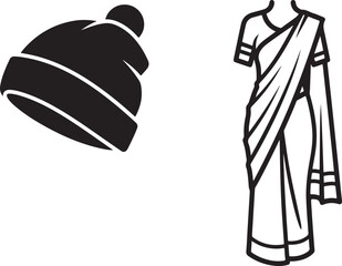 Black Silhouette Winter Hat and Outline Illustration of Traditional Sari