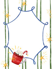 Minimalist Christmas background for poster, invitation, and greeting card. Watercolor striped background with red mug of hot chocolate. 
