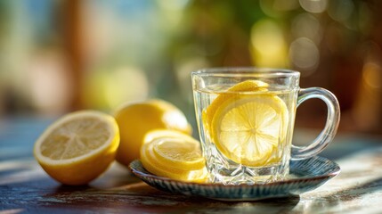 Lemon water glass mug of water filled with lemon slices, next to whole/sliced lemons