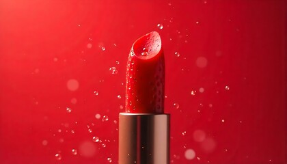 Stunning red lipstick with water droplets creating a vibrant and luxurious feel, perfect for beauty product ads and cosmetic promotions