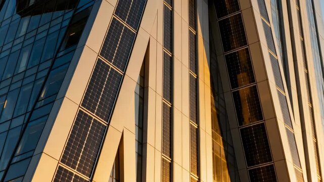 Medium frame capturing vertical solar modules arranged artistically on highrise exterior walls showcasing the blend of aesthetics and renewable energy technology.