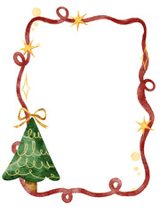 Christmas frame with pine tree and red ribbon. Watercolor border for card, and invitation.