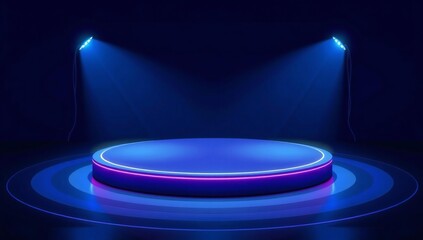 Futuristic neon podium stage with blue spotlights on dark background