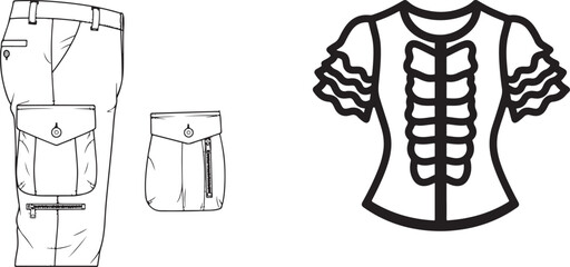 Fashion Flats Vector: Cargo Pants and Ruffled Blouse Apparel