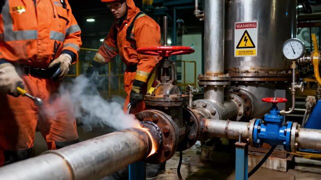 Emergency repair team quickly fixing valve leaks in a critical reactor piping system capturing the urgency and teamwork in highstakes flow system maintenance.