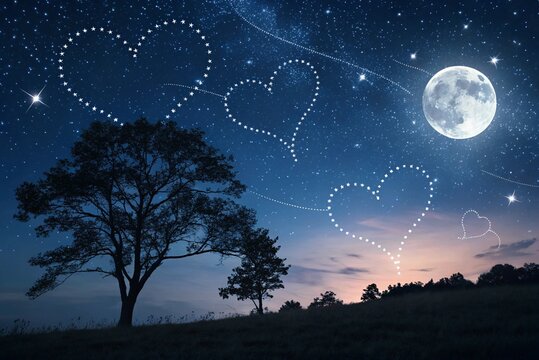 Love heart shapes in night sky as Valentine's Day background - generated by ai