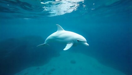 Fototapeta premium Majestic white dolphin gracefully swimming through clear turquoise ocean waters, creating a serene and captivating underwater scene, perfect for conservation