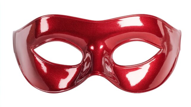 Glossy red mask, eye holes cut out, lies on white background, with highlights indicating smooth surface