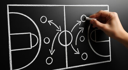 A hand draws a basketball play on a chalkboard with chalk, illustrating strategy and tactics