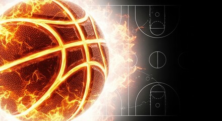 Fiery basketball on a dark background with glowing lines and abstract shapes, representing intense competition and passion for the sport