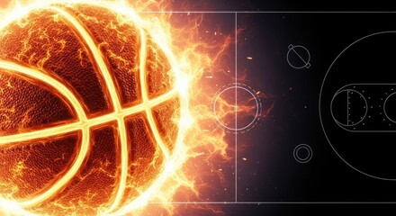 A basketball engulfed in flames, set against a dark background with a blueprint of a basketball court, symbolizing intense energy and strategy