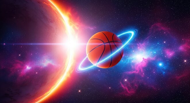 A basketball orbits a glowing planet in the vastness of space, surrounded by nebulae and stars, with a bright light flare