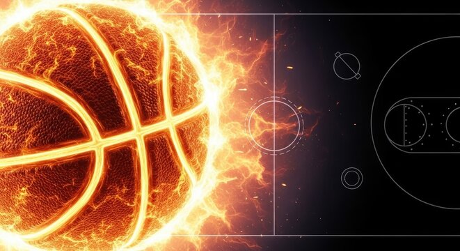 A basketball engulfed in flames, set against a dark background with a blueprint of a basketball court, symbolizing intense energy and strategy