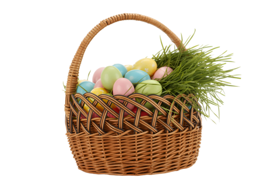 Wicker easter basket filled with colorful eggs and green grass isolated on transparent background - Powered by Adobe