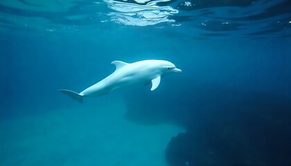 Graceful dolphin swims in crystal clear turquoise ocean waters, evoking feelings of wonder and freedom under the sea, perfect for marine life campaigns
