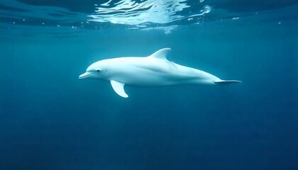 Graceful albino dolphin swimming serenely in the deep blue ocean, perfect for ocean conservation campaigns and marine biology educational materials