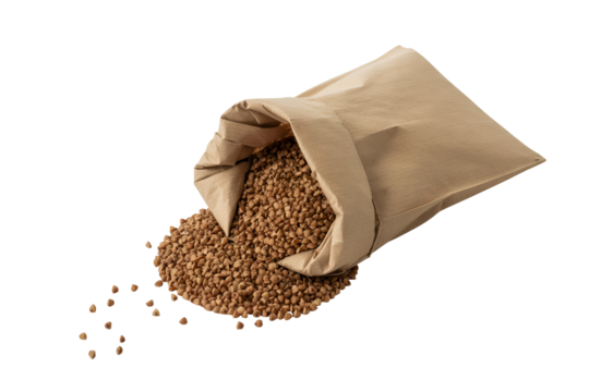 Brown paper bag spilling wheat grains isolated on transparent background