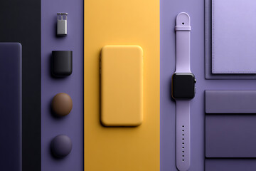 tech accessories display, vibrant flat lay featuring modern gadgets and accessories in bold, high-contrast colors with a trendy setup