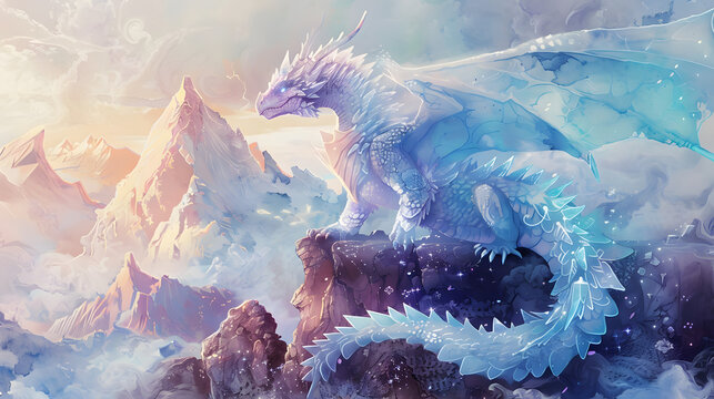 crystal ice dragon watercolor painting glowing