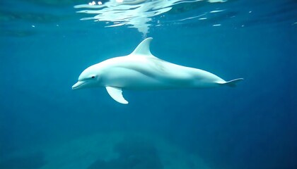 Gentle white dolphin gracefully swimming underwater in the deep blue ocean, captivating marine life beauty for conservation and educational projects