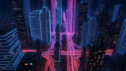 Futuristic city grid outlined in neon blue light at night - Powered by Adobe