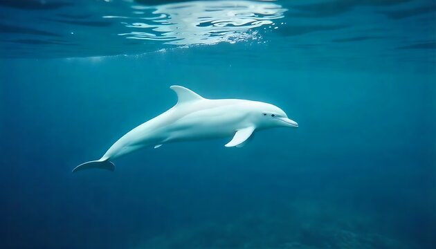 Graceful albino dolphin swimming freely in the deep blue ocean, a symbol of rare beauty and marine life conservation, perfect for nature documentaries