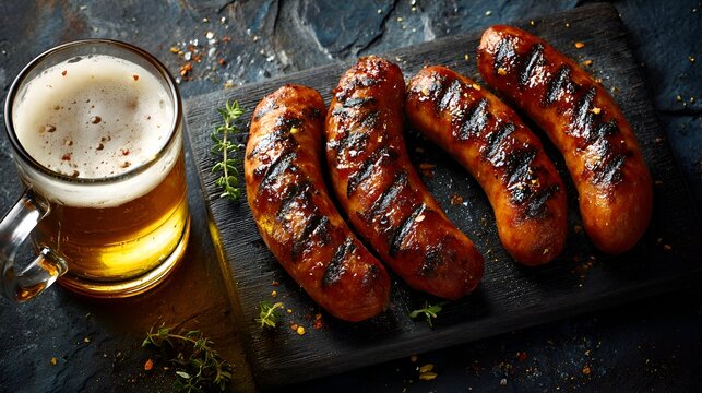 Delicious grilled sausages lie on a wooden board next to a beer mug for a tasty meal presentation.