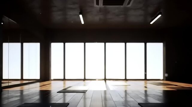 Bright sunlight illuminates an empty modern studio with large windows and a wooden floor, creating long shadows in a serene workout space