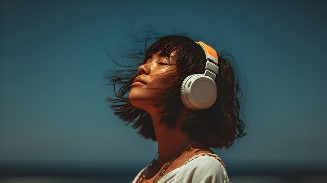 A young woman with eyes closed enjoying music with wireless headphones and the ocean breeze in summer air.