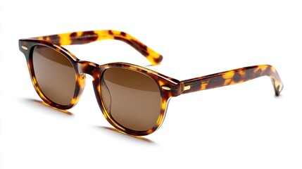 Close-up of sunglasses in a classic tortoise-shell pattern. The brown lenses and frames are set against a white backdrop, showcasing details