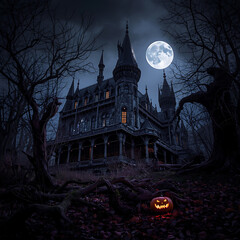 Scary Halloween castle under a full moon in a dark night, illustrated within a gothic and eerie landscape, accompanied by an animation of a Halloween pumpkin in the forest background.
