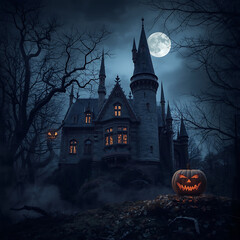 Scary Halloween castle under a full moon in a dark night, illustrated within a gothic and eerie landscape, accompanied by an animation of a Halloween pumpkin in the forest background.