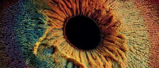 Digitally rendered human iris with vibrant colors and intricate textual patterns.