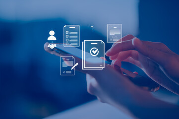 Businessman using smartphone to check digital checklist smart technology to verify digital...