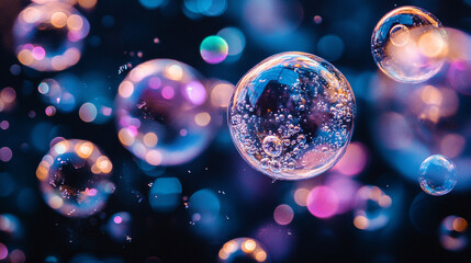 Bubbles rise over a dark background symbolizing lightness motion and ethereal beauty representing fleeting moments delicate forms and the contrast between fragility and depth