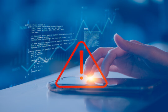 Businesswoman using smartphone touching digital error and system warning icons on virtual screen, representing cybersecurity threat, system failure, data breach, AI error, technology risk management
