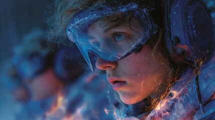 A young person with blue goggles and headphones looking intently at a glowing orange light.