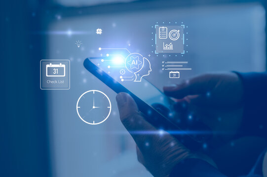 Close up of hands using smartphone with AI, checklist, and data icons overlay, concept of artificial intelligence, automation, and digital productivity in modern business