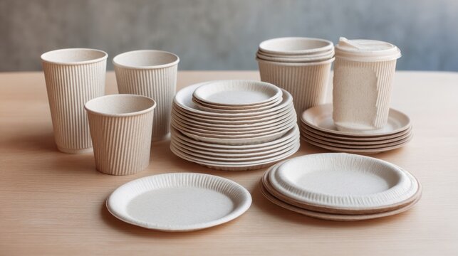 Eco-friendly disposable tableware made from brown paper. Various cups, plates, and cups with lids arranged on a wooden surface