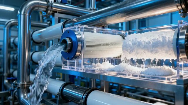 Closeup on reverse osmosis membranes processing salty feedwater eliminating salts and minerals to yield clean water for farming applications in a modern facility.