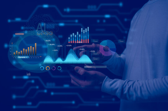 artificial intelligence data analysis tech, digital technology, and smart business communication Businessman using smartphone with holographic AI chat interface and data analytics dashboard