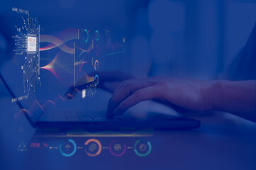 Businessman analyst uses a computer AI artificial intelligence and dashboard for data business analysis and Data Management System with KPI and metrics connected to the database for technology finance