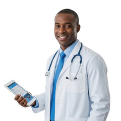 Smiling male doctor holding a tablet isolated on transparent background