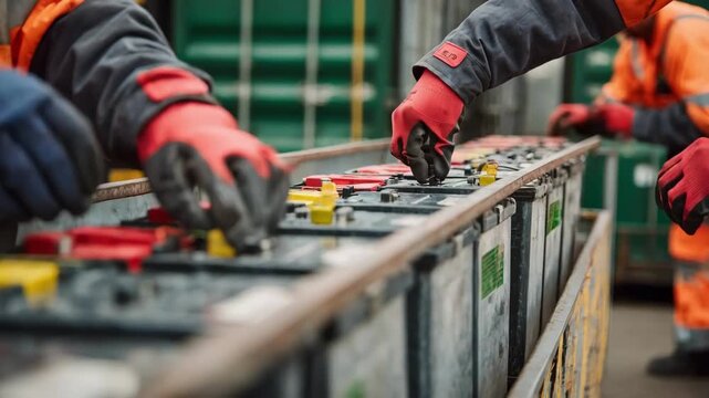 Medium shot of specialized workers handling leadacid batteries with protective gloves during organized removal to prevent hazardous leaks