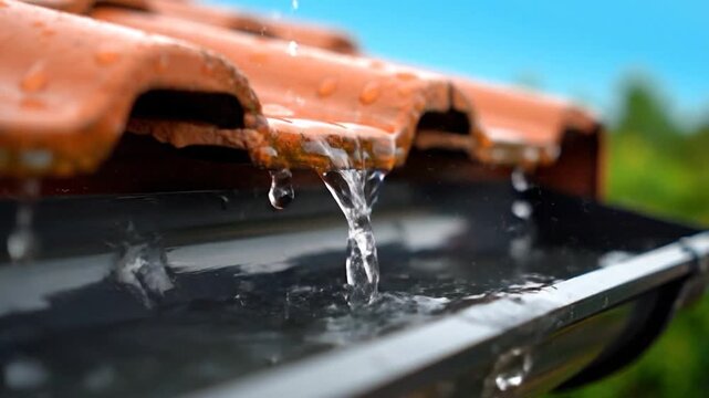 Close-up of water cascading from a terracotta tiled roof into a black rain gutter during a storm