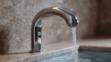 Close-up of a sleek chrome faucet with water flowing into a stone basin, highlighting modern bathroom design and water usage.