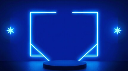 Futuristic neon blue podium with geometric frame and starburst lights