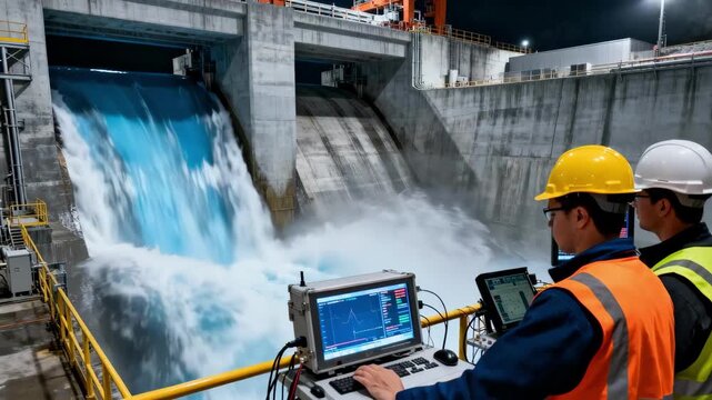 Dynamic load testing captured midaction as technicians observe dam response to simulated water surge forces highlighting realtime safety assessments.
