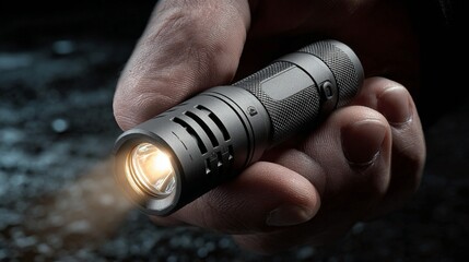 Hand holding a small flashlight with light beam.